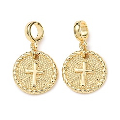 Cross Латунные европейские подвески с подвесками, подвески с большими отверстиями для монет, реальный 16 k позолоченный, крестик, 25 мм, отверстие : 5 мм