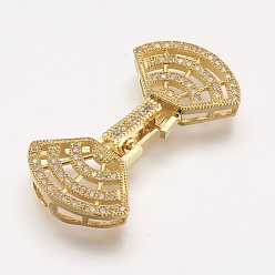 Golden Brass Micro Pave Cubic Zirconia Fold Over Clasps, Fan, Golden, 37x19x5mm, Hole: 2mm