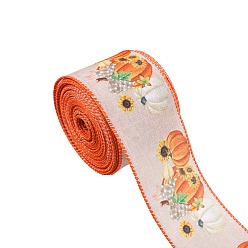 Pumpkin 10 Yards Thanksgiving Day Printed Polyester Ribbons, Flat, Pumpkin, 2-1/2 inch(63mm)
