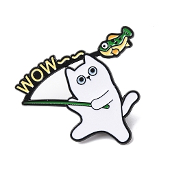 Зеленый Эмалевые значки с изображением белой кошки на рыбалке, булавки для лацканов из сплава для одежды рюкзака, зелёные, 31x35 мм