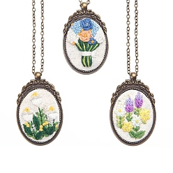 White DIY Embroidery Oval with Flower Pattern Pendant Necklace Kits, Including Embroidery Cloth & Thread, Needle, Embroidery Hoop, White, 120x120mm