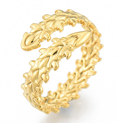 Real 18K Gold Plated Ion Plating(IP) 201 Stainless Steel Leaf Wrap Open Cuff Ring for Women, Real 18K Gold Plated, US Size 9 1/4(19.1mm)