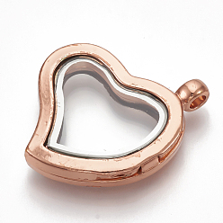 Rose Gold Alloy Magnetic Locket Pendants, with Rhinestone and Glass, Heart, Crystal, Rose Gold, 34x29x7mm, Hole: 2.5mm, Inner Measure: 16x20mm