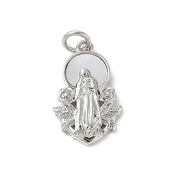 Плоский Круглый Латунные подвески из натуральной белой ракушки в стиле религии, девственные чары с соединительными кольцами, платина, долговечный, без свинца и без кадмия, стойки покрытие, плоско-круглые, 18x11.5x2.5 мм, отверстие : 3 мм