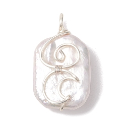 Серебро Подвески в форме луны из натурального барочного жемчуга кеши из меди в форме вирия, белые прямоугольные подвески, серебряные, 25.5x15x8 мм, отверстие : 3 мм