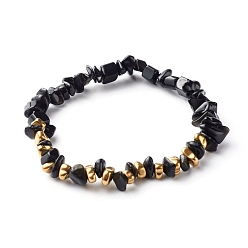 Obsidian Natural Obsidian Chip Beads Stretch Bracelets, with Non-magnetic Synthetic Hematite Beads, Inner Diameter: 2-1/8 inch(5.5cm)
