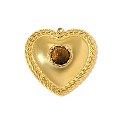 Настоящее золото 18K 304 Подвески из нержавеющей стали с натуральным тигровым глазом, сердце прелести, ионное покрытие (ip), зеркальная полировка, реальный 18 k позолоченный, 33x33 мм, отверстие: 1.20 мм