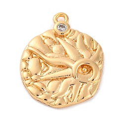 Настоящее золото 18K Латунные подвески с прозрачными кубическими цирконами, сплющенный с чарами от сглаза, реальный 18 k позолоченный, 17x13.5x2.5 мм, отверстие : 1 мм