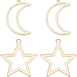 Real 18K Gold Plated 20Pcs 2 Style Brass Open Back Bezel Pendants, For DIY UV Resin, Epoxy Resin, Pressed Flower Jewelry, Moon & Star, Real 18K Gold Plated, 26~29x18~28x1mm, Hole: 1~2mm, 10pcs/style