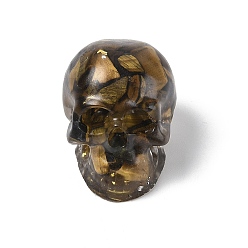 Тигровый глаз Украшение для дисплея черепа из смолы, с натуральными кристаллами тигрового глаза и золотой фольгой внутри статуэтки для украшения домашнего офиса, 30.5x22.5x22.5 мм