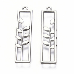 Платина Стойки подвески обшивки сплава, без кадмия и без свинца, полый, Прямоугольник с цветком, платина, 34x8x1 мм, отверстие : 1.5 мм