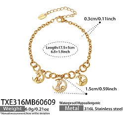 Cat Shape Summer Beach 316 Surgical Stainless Steel Micro Pave Clear Cubic Zirconia Charm Bracelets for Women, Golden, Cat Shape, 6.89 inch(17.5cm)