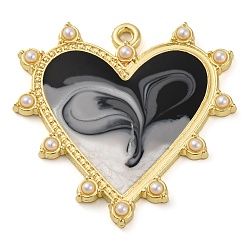 Черный Подвески из сплава с рисунком «пятна» и искусственным жемчугом из АБС-пластика, сердце прелести, чёрные, 33x33x3.5 мм, отверстие : 1.8 мм
