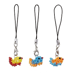 Mixed Color 3Pcs Glass Seed Bead Beaded Fish Charm Mobile Straps, Nylon Cord Loop Mobile Accessories Decoration, Mixed Color, 76mm