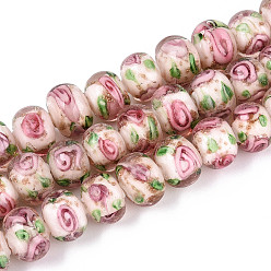 Pink Нити бусин-рондель с внутренним цветком ручной работы в технике лэмпворк, с золотой порошок, розовые, 8~10x10~11 мм, отверстие : 0.9~1.4 мм, около 35 шт / нитка, 10.83~11.42'' (27.5~29 см)