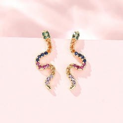Colorido Latón micro pavimenta zirconia cúbica aretes, serpiente, real 18 k chapado en oro, sin plomo y cadmio, larga duración plateado, chapado en rack, colorido, 18x5.5x6.5 mm
