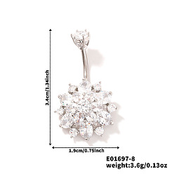 Платина Шикарные цветочные латунные изогнутые кольца для пупка со стразами и блестящим нежным дизайном, платина, 34x19 мм