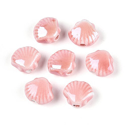 Светло-Коралловый Фарфоровые бусины ручной работы, формы раковины, яркие глазированный фарфор, свет коралловый, 9.5~10x11.5~12x6~6.5 мм, отверстие : 1.6~2 мм