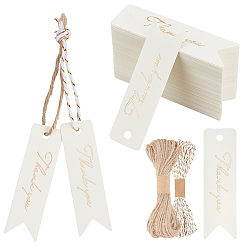 Белый 100шт. крафт-бумажные подарочные бирки с благодарностью, прямоугольные, с использованием хлопковых металлических нитей длиной 10м и джутового шнура длиной 10м., белые, подарочная бирка: 7x2x0.03см