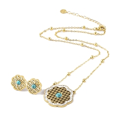 Цветок Комплекты серег и ожерелий с подвесками из синтетической бирюзы, 304 Наборы ювелирных изделий из нержавеющей стали со стразами для женщин, ионное покрытие (IP), цветок, 450 мм