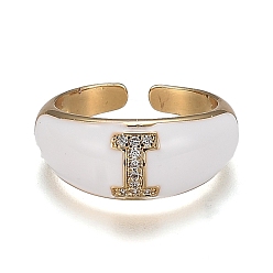 Letter I Brass Micro Pave Clear Cubic Zirconia Cuff Rings, Open Rings, with Enamel, Cadmium Free & Lead Free, Golden, Letter.I, US Size 7 1/4, Inner Diameter: 17.6mm
