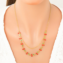 Настоящее золото 18K 304 двухслойные ожерелья из нержавеющей стали с красной эмалью в виде вишневых звеньев для женщин, реальный 18 k позолоченный, 16.14 дюйм (41 см)