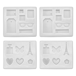 White 4Pcs 2 Style Pendant Silicone Molds, Resin Casting Molds, For UV Resin, Epoxy Resin Jewelry Making, Rectangle with Heart & Flower & Butterfly & Tower & Bottle & Rectangle & Square & Glasses Shapes, White, 78~80x88~90x8~11mm, 2pcs/style