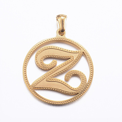 Letter Z Ion Plating(IP) 304 Stainless Steel Pendants, Flat Round with Letter, Golden, Letter.Z, 28x25x1.2mm, Hole: 6x3.5mm