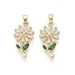 Настоящее золото 16K Латунные микро проложить кубического циркония подвески, цветок, реальный 16 k позолоченный, 22.5x11x4 мм, отверстие : 3x5 мм