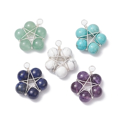 Mixed Stone Brass Wire Wrapped Natural Gemstone Pendants, Star Charm, 77~79mm, Hole: 3.2mm, 5pcs/set
