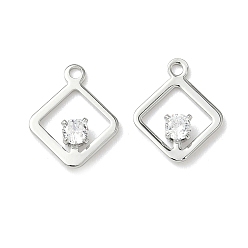 Платинированный Подвески в виде ромбов с микропаве из кубических цирконий из латуни, без никеля , Реальная платина, 12.5x10x2.5 мм, отверстие : 1.2 мм
