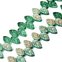 Vert Mer Plaquent verre transparent perles brins, feuille, de couleur plaquée ab , demi-plaqué, teint et cœur, vert de mer, 11~11.5x6.5~7x3~4mm, Trou: 0.8~0.9mm, Environ 98~100 pcs/chapelet, 18.90~19.29 pouce (48~49 cm)