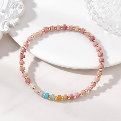 Родонит Натуральные зеленые авантюрин, розовый кварц, гаулит, белый нефрит, желтый авантюрин, родонит, синтетический голубой кружевной агат и латунные бусины, эластичные браслеты для женщин, диск и круглый, реальный 18 k позолоченный, внутренний диаметр: 2.07 дюйм (5.25 см)