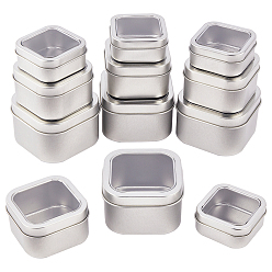 Platinum Tinplate Iron Tins, with PVC Claer Window & Slip-on Lid, Storage Box for Candles, Candies, Square, Platinum, 6~7.6x6~7.6x2.7~5cm, Inner Size: 52~72x52~72mm, 12pcs/set