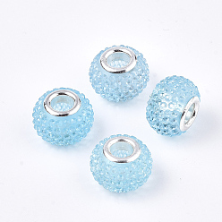 PaleTurquoise Resin Rhinestone European Beads, Large Hole Beads, with Platinum Tone Brass Double Cores, Rondelle, Berry Beads, Sky Blue, 14x10mm, Hole: 5mm