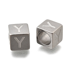 Letter Y 304 из нержавеющей стали европейские шарики, бусины с большим отверстием, куб с письмом, Письмо Y, 7x7x7 мм, отверстие : 5 мм