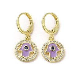 Lilac Hamsa Hand Golden Brass Dangle Leverback Earrings, with Enamel and Cubic Zirconia, Lilac, 27x12mm