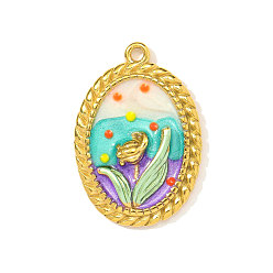 Разноцветный 304 нержавеющей стальной эмали подвески, овал с цветочными подвесками, реальный 18 k позолоченный, ионное покрытие (ip), красочный, 30x21 мм
