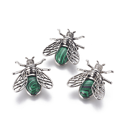 Malachite Synthetic Malachite Brooches, with Brass Findings, Cicada, Antique Silver, 38x36x8mm, Pin: 0.6mm