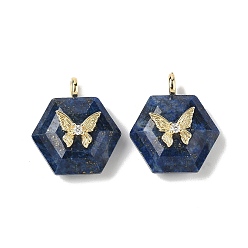 Ляпис-Лазурь Граненые подвески из окрашенного натурального лазурита, Шестиугольные подвески с латунной паве из прозрачных кубических цирконий в форме бабочки, реальный 18 k позолоченный, долговечный, стойки покрытие, 22x19x10 мм, отверстие : 3.5x2 мм
