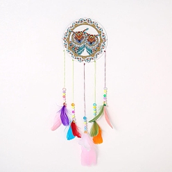Owl DIY Diamond Painting Hanging Woven Net/Web with Feather Pendant Kits, Including Acrylic Plate, Pen, Tray, Bells and Random Color Feather, Wind Chime Crafts for Home Decor, Owl Pattern, 400x146mm