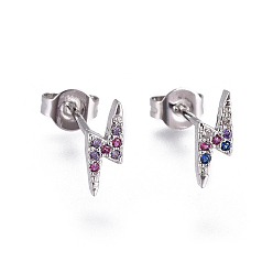 Платина Серьги-гусеницы с цирконами, серьги альпиниста, с латунными гайками для ушей, удар молнии, красочный, платина, 9x3.5 мм , штифт: 0.7 мм