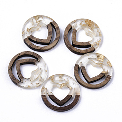 Clear Resin & Walnut Wood Pendants, with Gold Foil, Ring with Heart, Clear, 25x3mm, Hole: 1.8mm
