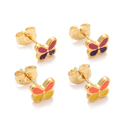 Mixed Color 304 Stainless Steel Enamel Stud Earrings, with 316 Surgical Stainless Steel Pin, Golden, Butterfly, Mixed Color, 6x7x1.5mm, Pin: 0.8mm