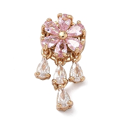 Pink Латунные микро проложить кубического циркония подвески, цветок с подвесками-каплями, реальный 18 k позолоченный, розовые, 24.5x11.5x6 мм, отверстие : 1.6 мм