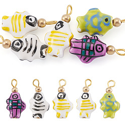 Mixed Color 5Pcs Porcelain Pendants, with Iron Findings, Fish, Golden, Mixed Color, 23.9x11.6mm, Hole: 2.5mm