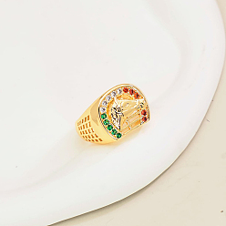 Разноцветный Женские кольца-пальцы в винтажном стиле из латуни с микропаве из кубических цирконов, лошадь, реальный 18 k позолоченный, красочный, внутренний диаметр: 16мм~20мм