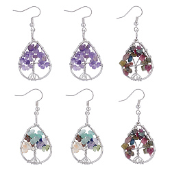 Смешанные камни 3 пары 3 цвета слеза с деревом жизни серьги-подвески, серьги-подвески для женщин, обернутые бусинами из натуральных смешанных драгоценных камней, 53~54 мм, штифты : 0.7 мм, 1 пара / стиль