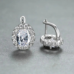 Прозрачный Латунные кубических серьги циркония обруч, овальные, серебряные, прозрачные, 14x12 мм