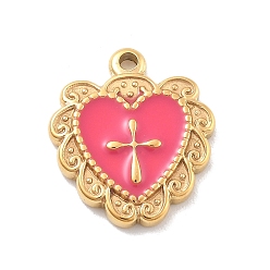 Темно-Розовый 304 нержавеющей стальной эмали подвески, сердце с крестиком, ионное покрытие (ip), реальный 14 k позолоченный, темно-розовыми, 15.5x13x2 мм, отверстие : 1.4 мм